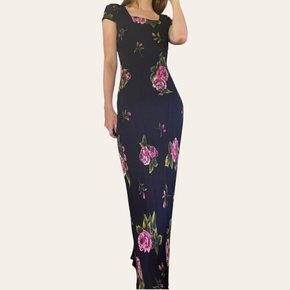 90s vintage floral chiffon square neck cap sleeve maxi dress black and pink XS/S - Picture 5 of 6